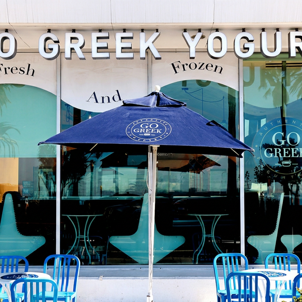 Go Greek Yogurt storefront with outdoor blue tables, chairs, and a large branded umbrella.