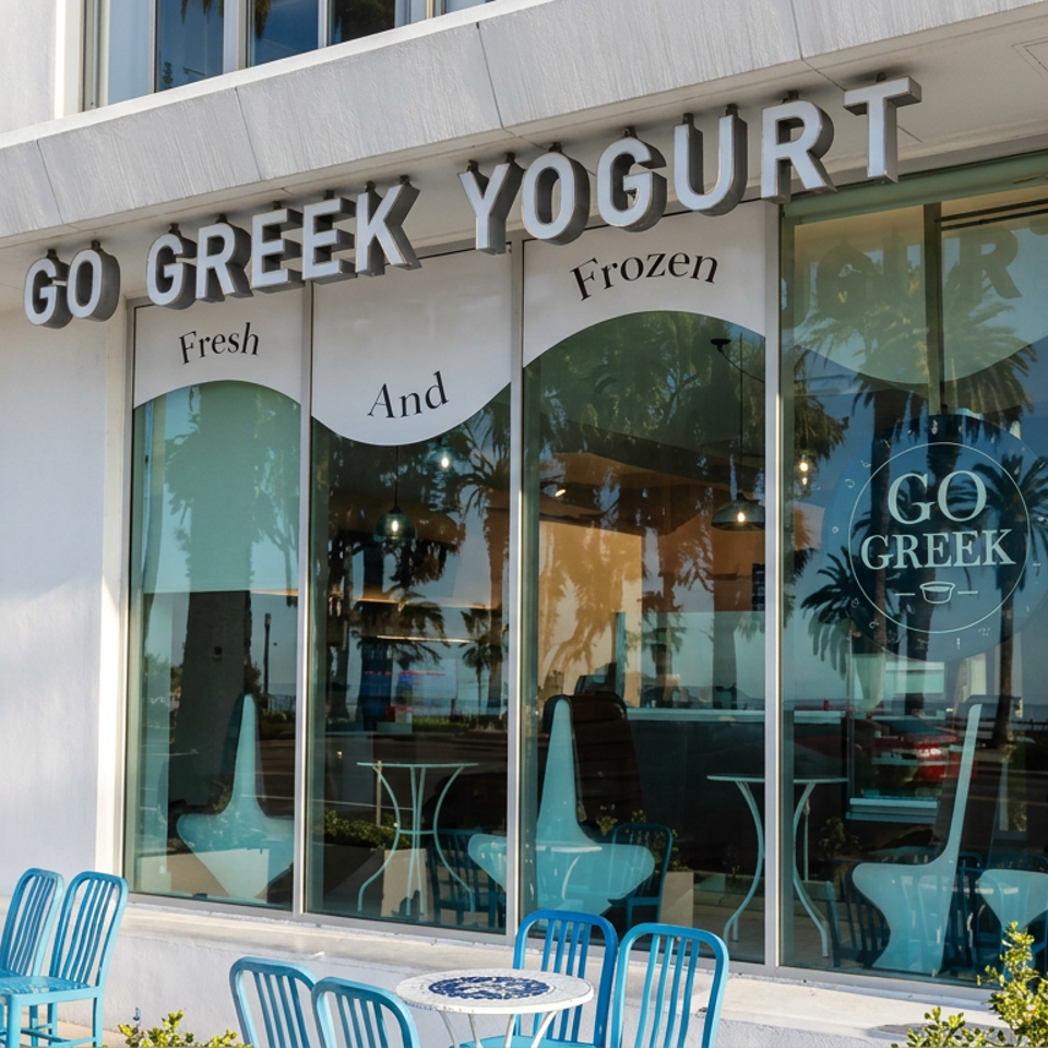 Sunny exterior of Go Greek Yogurt shop with blue outdoor chairs, tables, and glass windows reflecting palm trees.