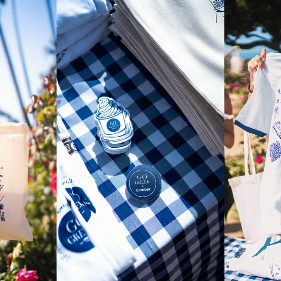 Collage showcasing Go Greek branded merchandise, including a tote bag, stickers, folded apparel, and a person holding a printed T-shirt outdoors.