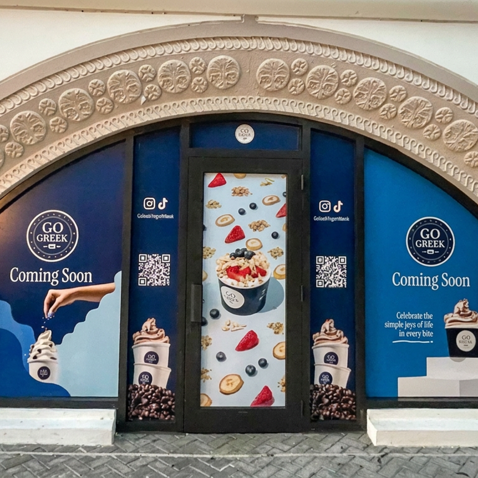Go Greek storefront with ornate arched stonework, blue coming-soon dessert advertisements, and frosty yogurt cups displayed in the windows.