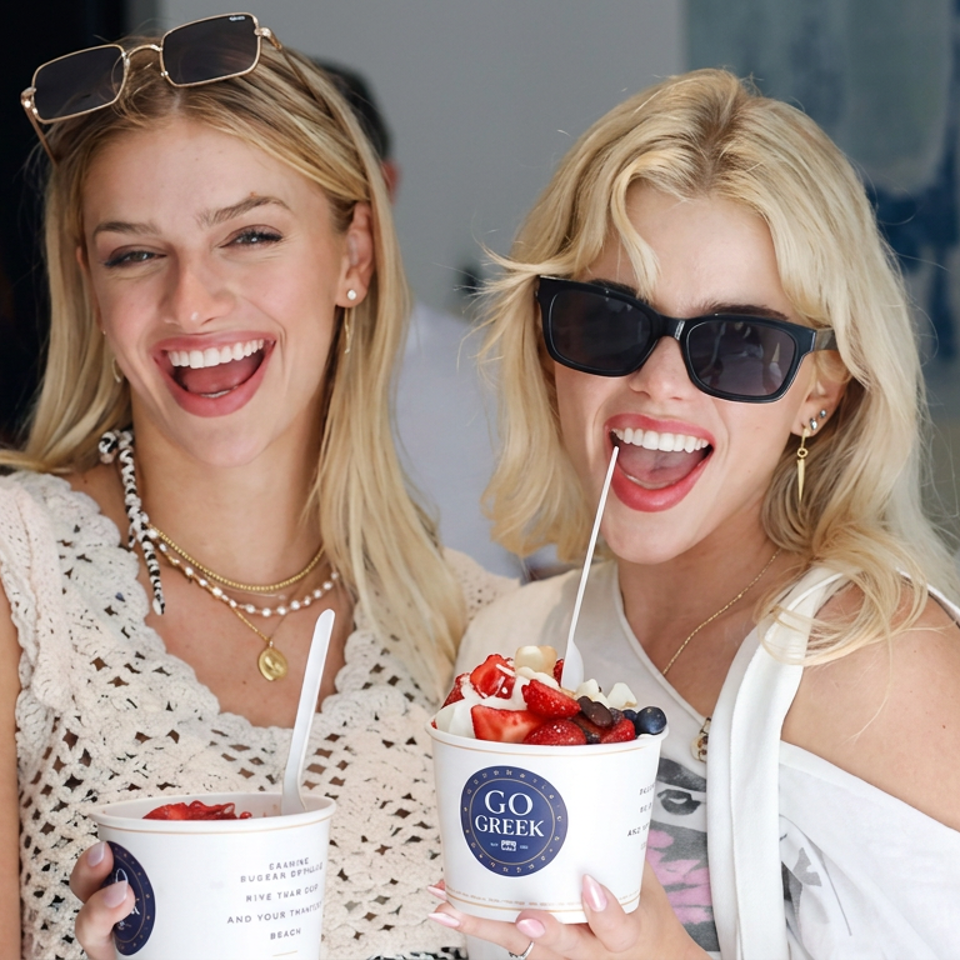Two smiling women hold Go Greek frozen yogurt cups topped with strawberries, blueberries, and other toppings inside a busy shop.