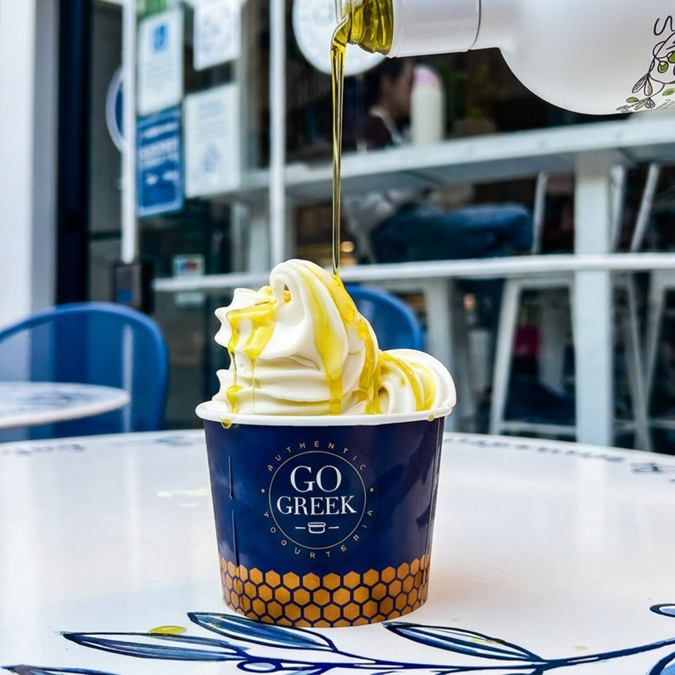 Olive oil drizzles over soft-serve gelato in a Go Greek cup on an outdoor café table.