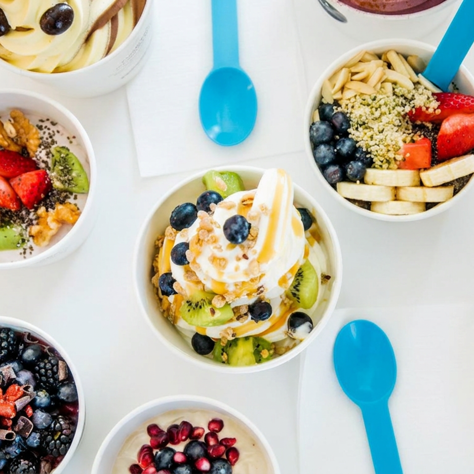 Overhead view of colorful smoothie bowls, fruit-topped yogurt, a fresh salad, and bright blue spoons on a white table.