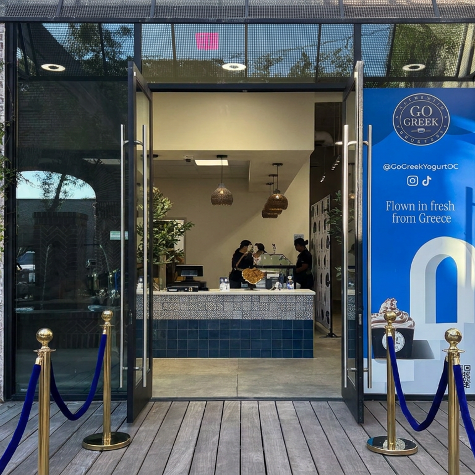 Go Greek restaurant entrance with open glass doors, blue promotional signage, rope barriers, and staff visible inside.