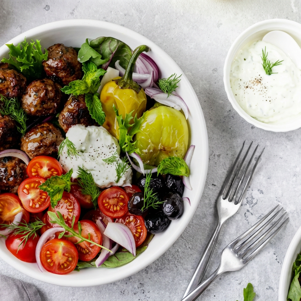 Greek-style meatball salad bowl with tomatoes, olives, pickled peppers, red onion, greens, dill, and creamy tzatziki sauce.
