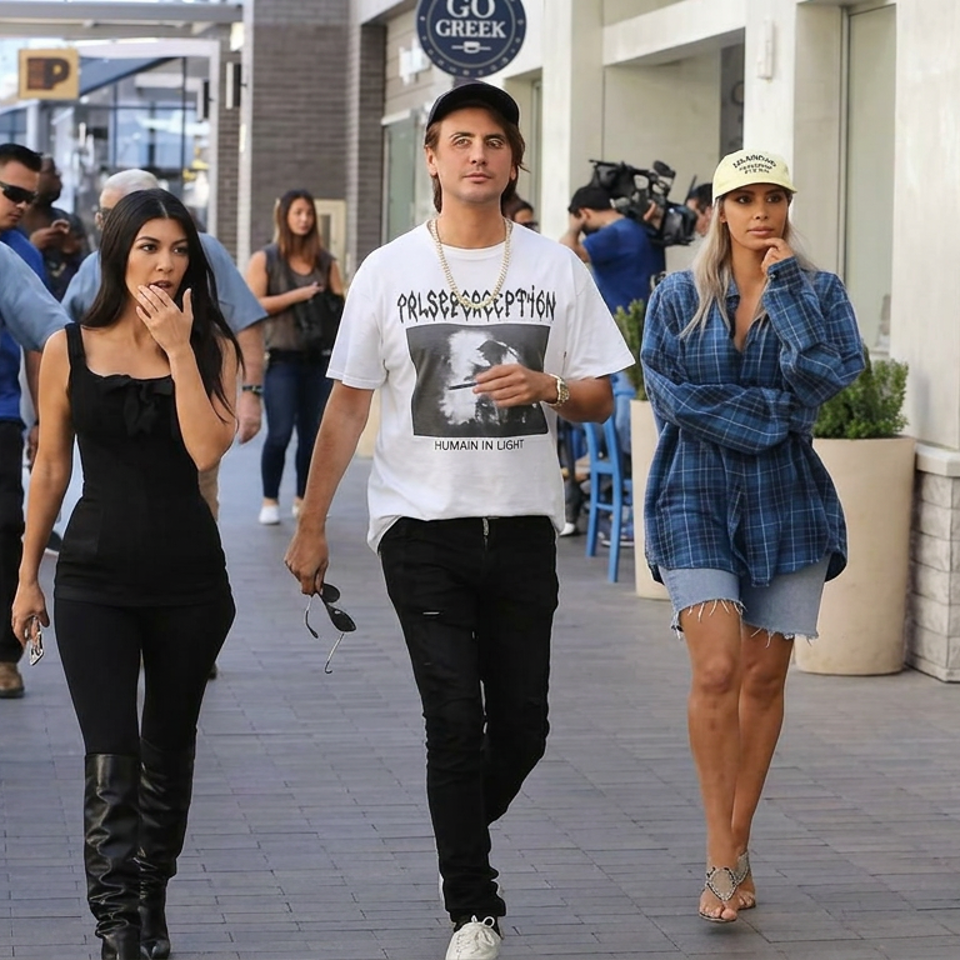Three people walk past the Go Greek restaurant storefront on a busy outdoor shopping promenade.