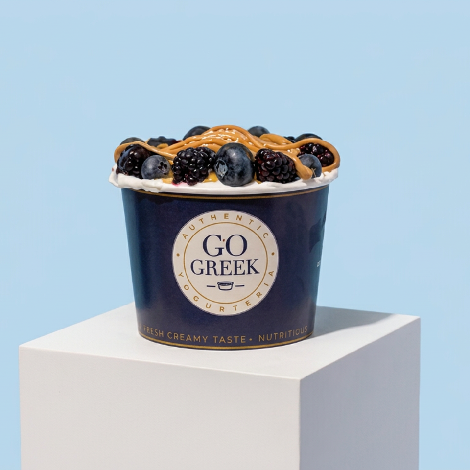 Greek yogurt cup topped with blueberries, blackberries, and caramel drizzle on a white pedestal against a blue background.