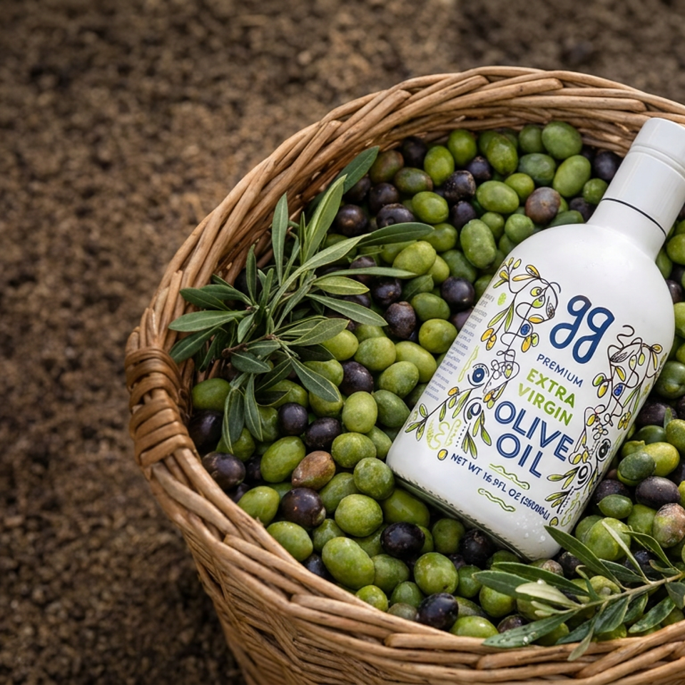 Bottle of premium extra virgin olive oil resting in a wicker basket filled with green and black olives and olive branches.