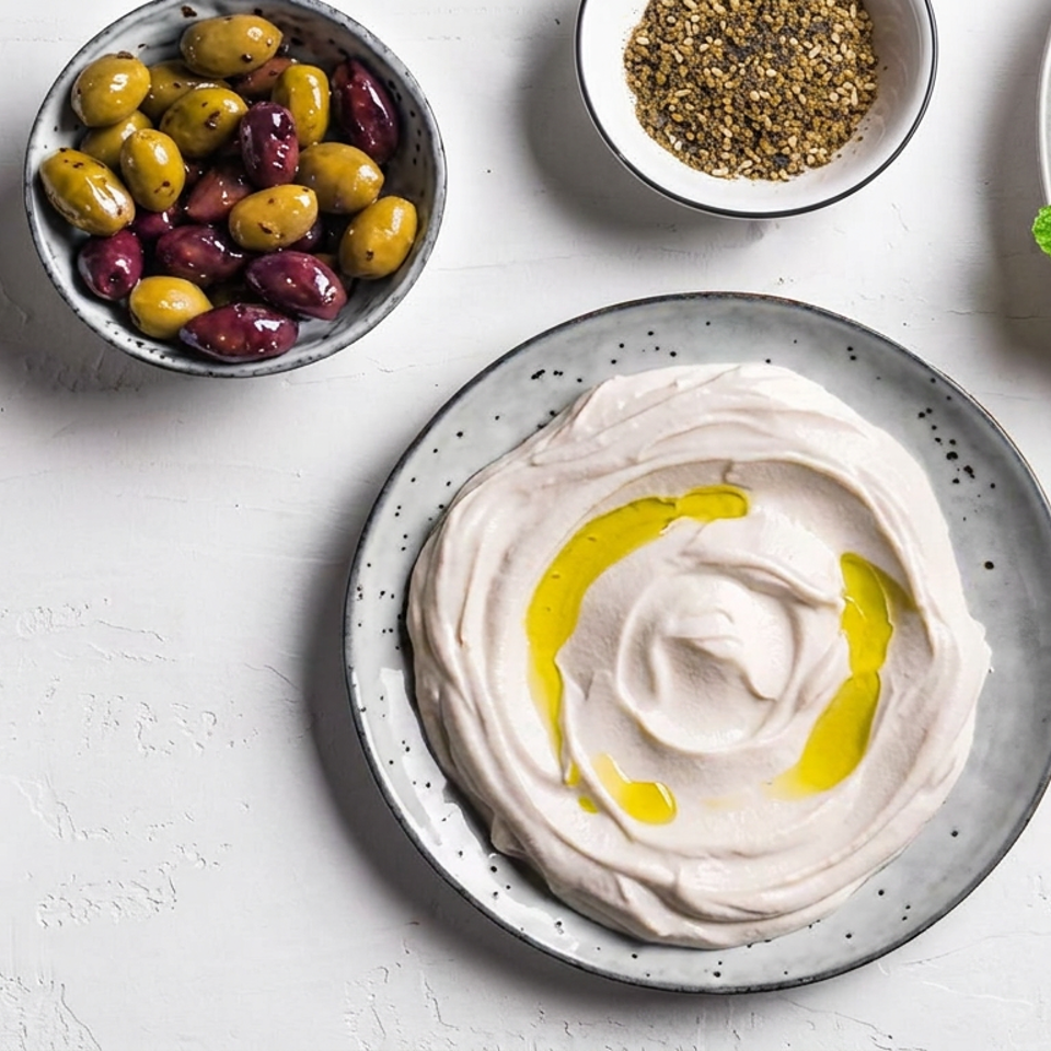 Creamy hummus with olive oil surrounded by olives, spices, cucumbers, tomatoes, mint, and toasted flatbread.
