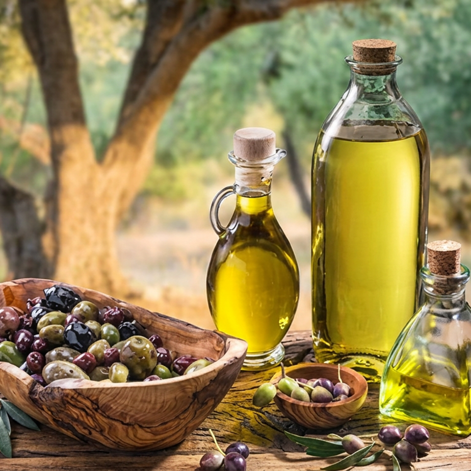 Wooden bowl of mixed olives beside three corked bottles of golden olive oil on a rustic table outdoors.
