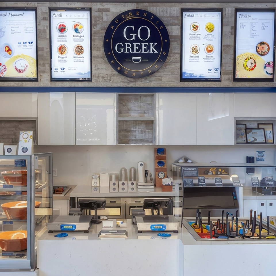 Bright Go Greek restaurant counter with menu boards, food displays, self-service toppings, and blue-and-white decor.