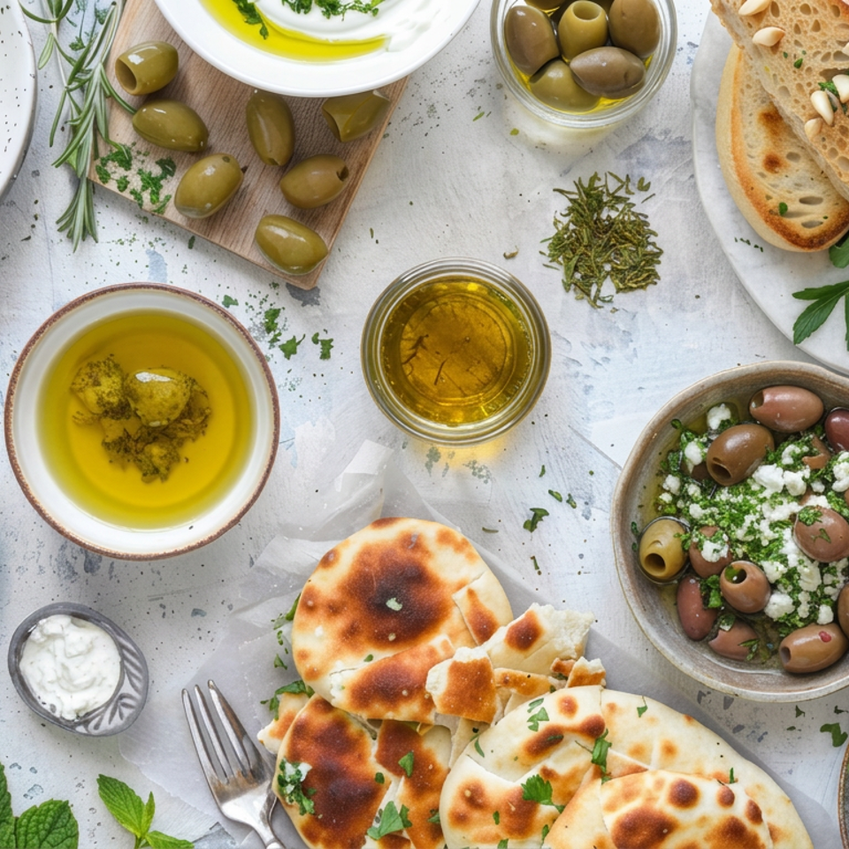 Overhead Mediterranean spread with flatbreads, olives, hummus, olive oil, herbs, yogurt dip, and sliced toasted bread.
