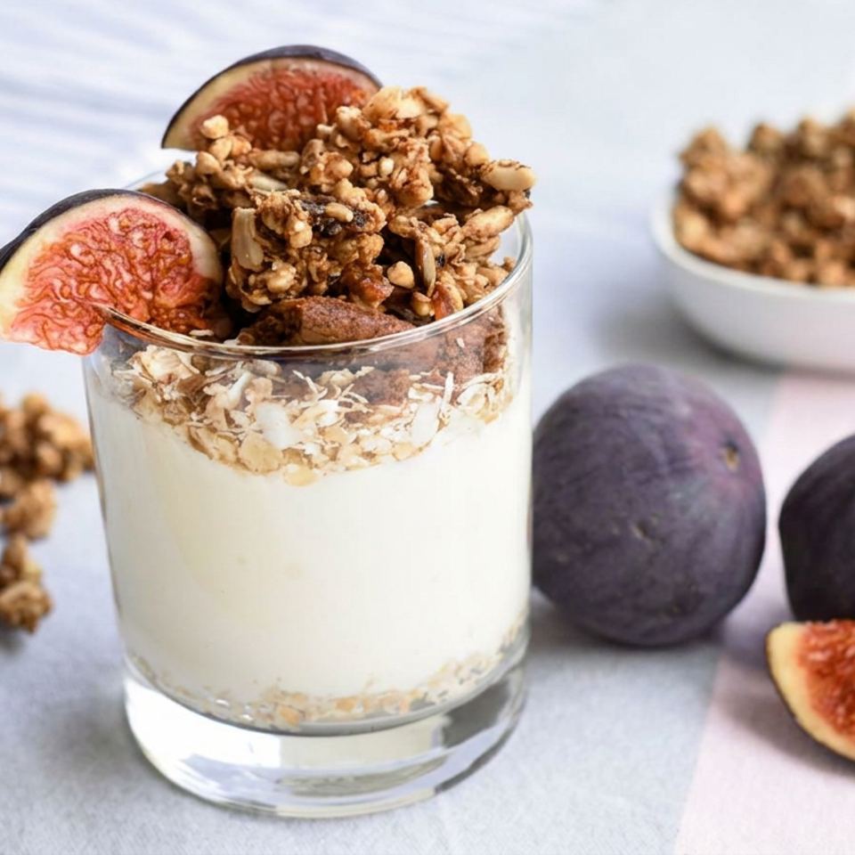 Creamy yogurt parfait topped with granola and fig slices, surrounded by whole figs and scattered granola on a table.