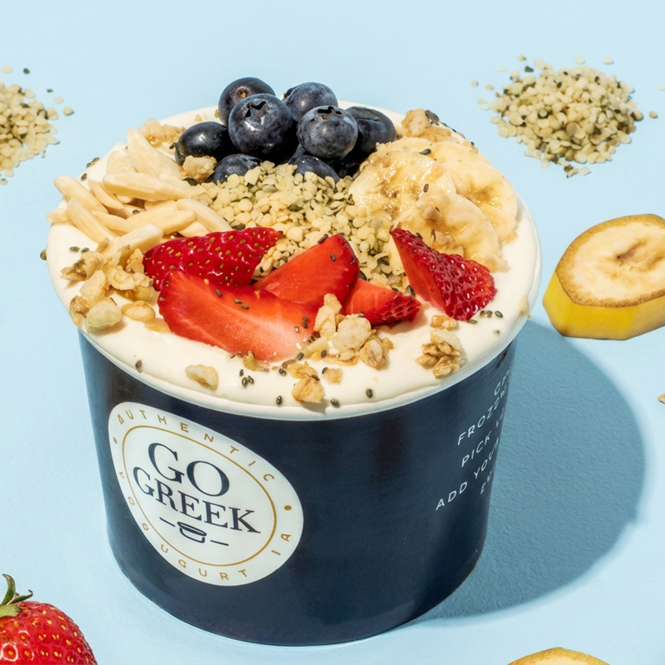 Go Greek yogurt cup topped with blueberries, strawberries, banana, granola, and hemp seeds on a light blue background.