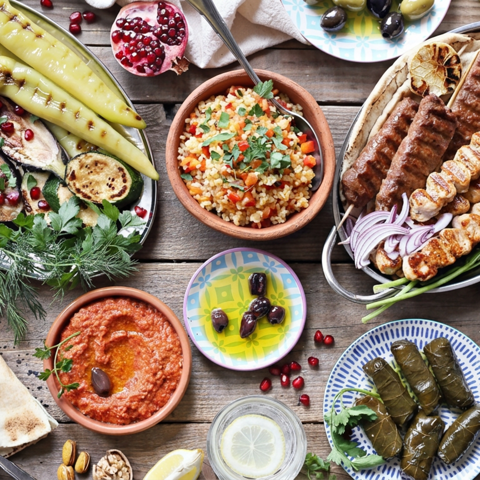 Mediterranean feast spread on a rustic wooden table, featuring grilled vegetables, kebabs, bulgur, hummus, stuffed grape leaves, pita, olives, and nuts.