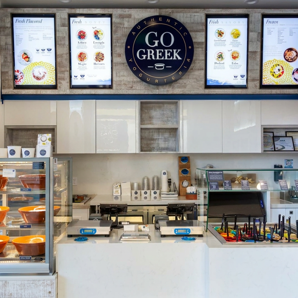 Go Greek restaurant counter with menu screens, refrigerated display case of prepared dishes, and self-service toppings station.