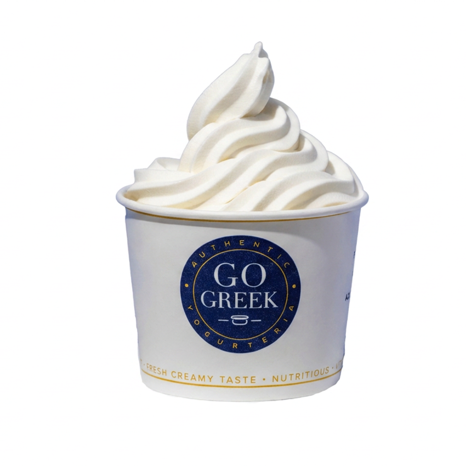 Swirl of creamy Greek yogurt served in a branded Go Greek cup against a white background.