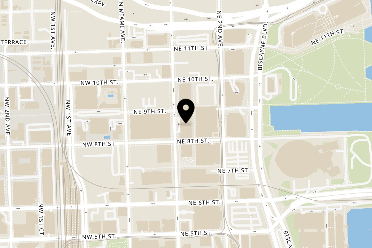 Map showing the location of Go Greek Yogurt Worldcenter on 851 NE 1st Ave Ste 118 in Miami