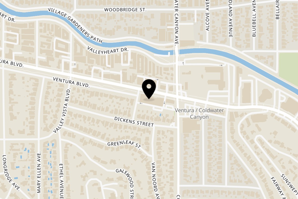 Map showing the location of Go Greek Yogurt Studio City on 12930 Ventura Blvd in Studio City